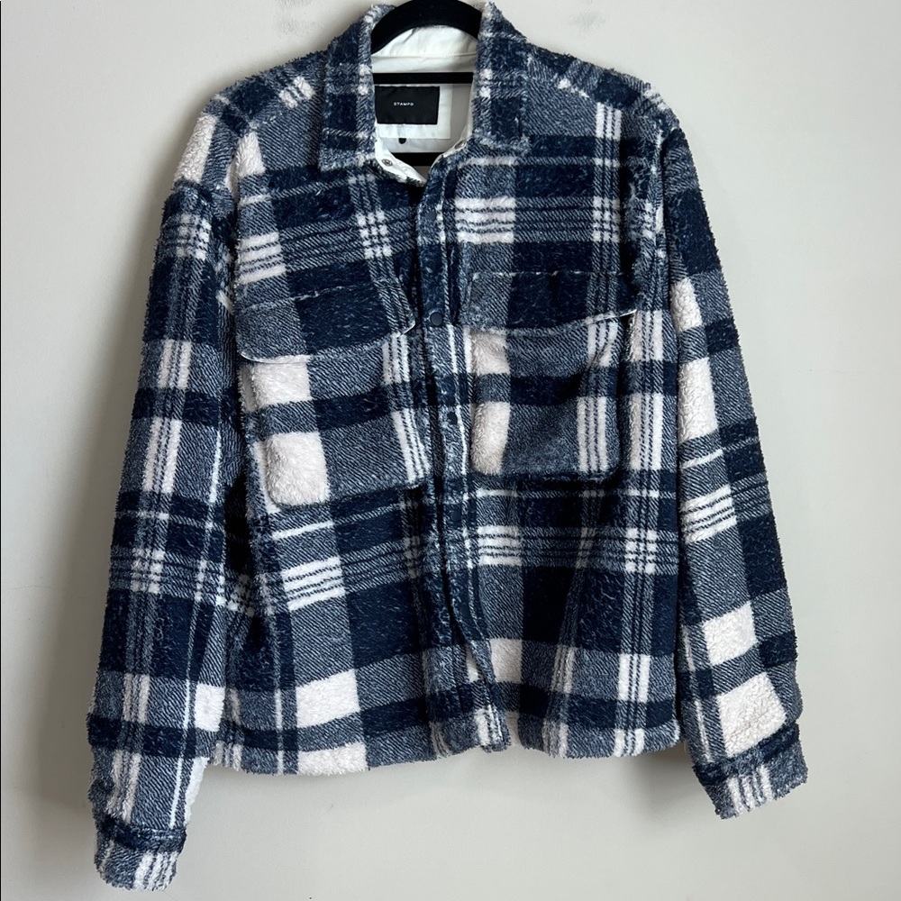 Stampd Men's $319 Cropped Plaid Sherpa Button Down Shirt Jacket Sz Medium